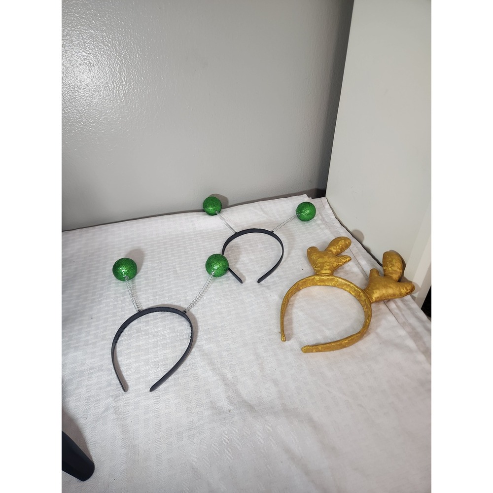 Holiday Party Headband Bundle Gold Reindeer Antlers & Green Alien Boppers 3pc